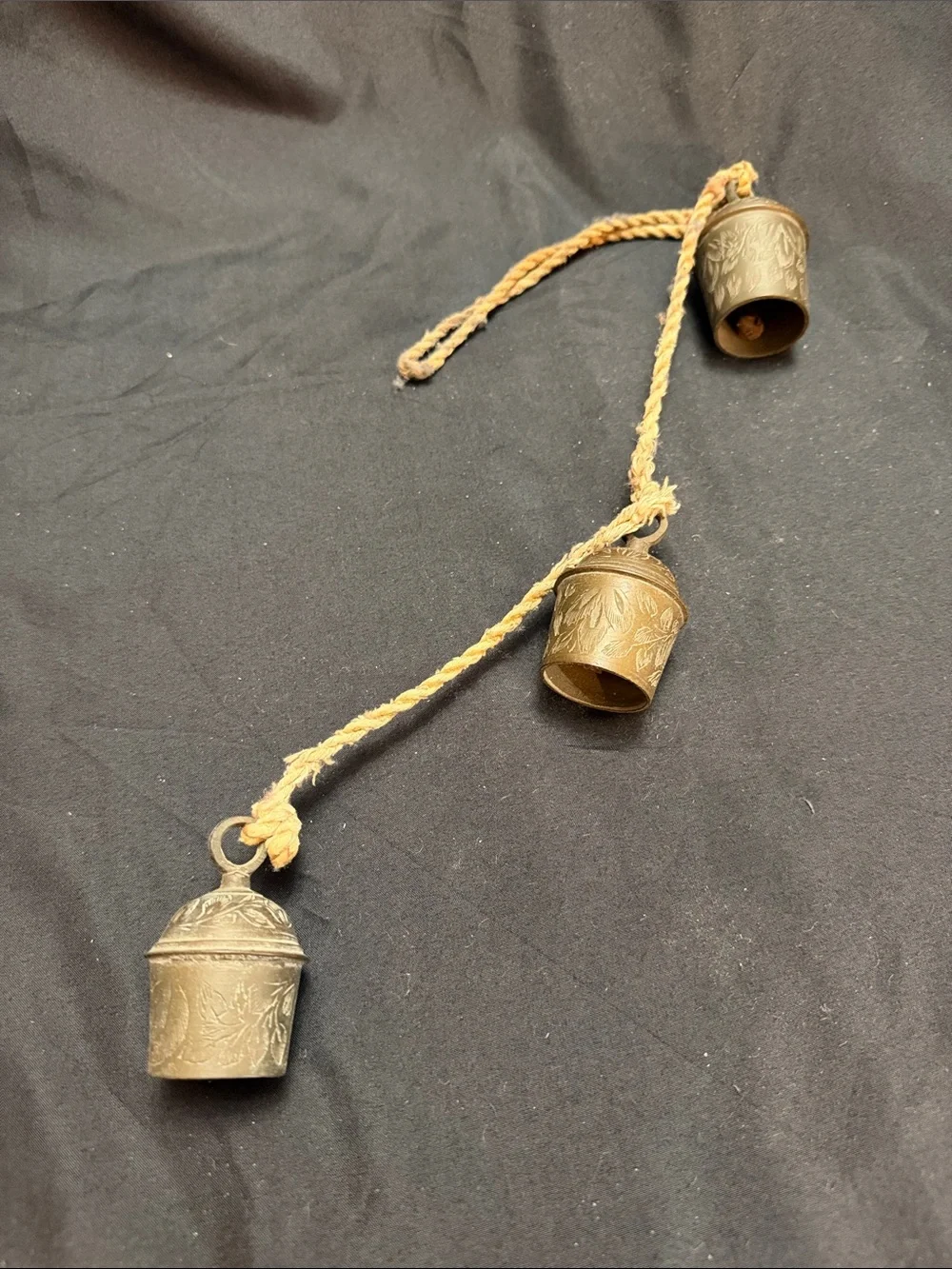 Vintage Late 1809s Brass Hanging Bells Trio with Floral Engraving